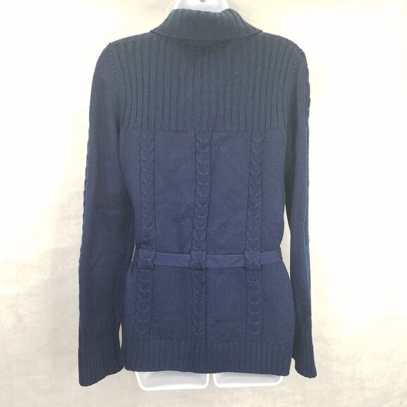 Sirocco Cardigan Women Sm Cable Knit Navy Blue Open Front Belted Classic Vintage - Picture 6 of 13